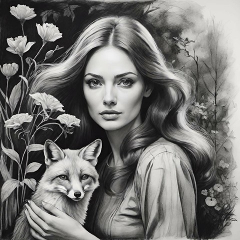 Eine Frau hat ihre Hand an einem Fuchs, als wolle sie ihn streicheln oder umarmen,links Blumenranken

Digital Art, s/w