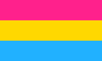 Farben der Pansexuellen (quergestreift, von oben nach unten)
Pink = Zuneigung zum weiblichen Spektrum
Gelb = Zuneigung zu nichtbinären Geschlechtsidentitäten
Blau = Zuneigung zum männlichen Spektrum

